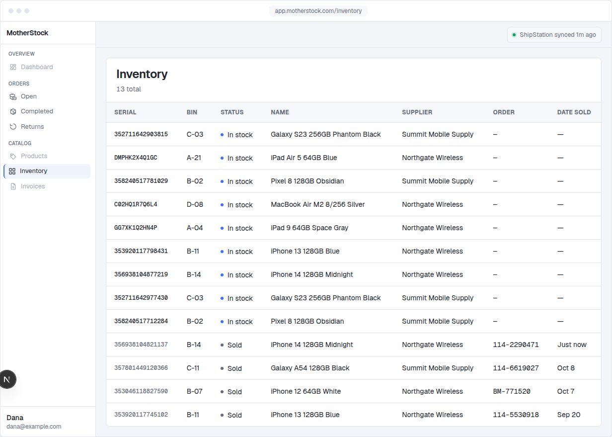 Inventory list of made-up units, each row a serial with its bin, status, product, supplier, and the order it sold on.